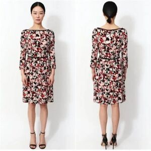 PRADA Geometric Print Silk Dress Boat Neck Cinched Waist 3/4 Sleeve IT 36 US 0/2